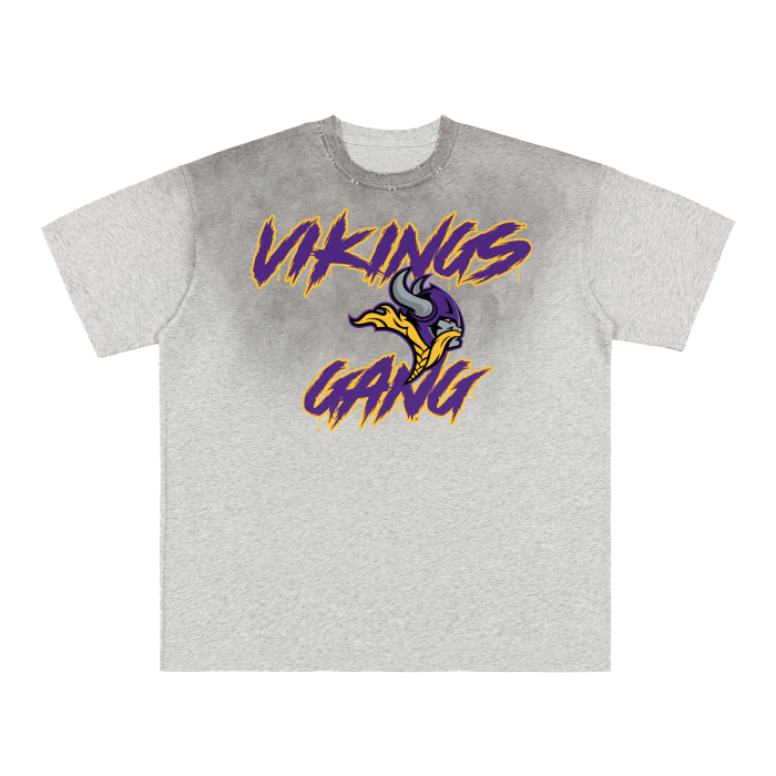 DG " Vikings Gang " vintage Washed Upper Body Grey Gradient on Aged Frayed T-Shirt