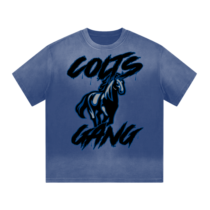 DG " Colts Gang " Vintage Washed Shoulder & Body White Gradient on Aged Frayed T-Shirt