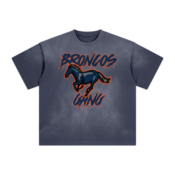 DG " Broncos Gang "  Vintage Washed Shoulder & Body White Gradient on Aged Frayed T-Shirt