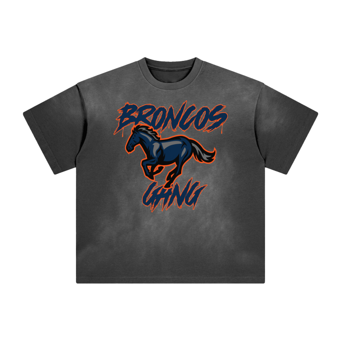 DG " Broncos Gang "  Vintage Washed Shoulder & Body White Gradient on Aged Frayed T-Shirt